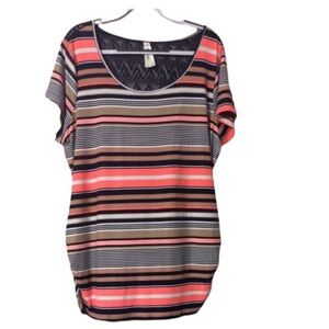 B & B BOUTIQUE PLUS Lace Back STRIPED Short Sleeve COLORFUL Blouse Size 3X